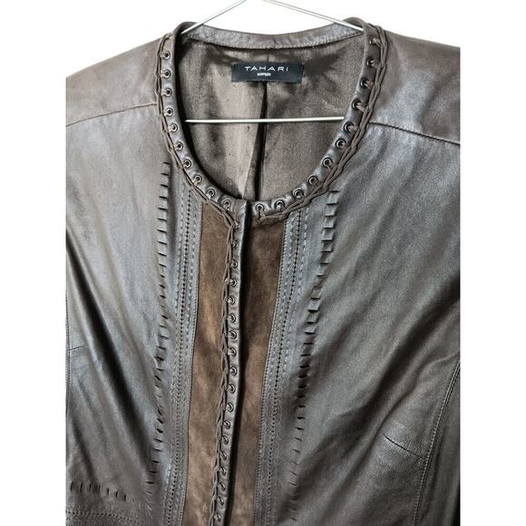 Tahari Woman 100% Leather Jacket Brown Suede Trim Open Front Pockets Boho Chic L - Picture 9 of 16